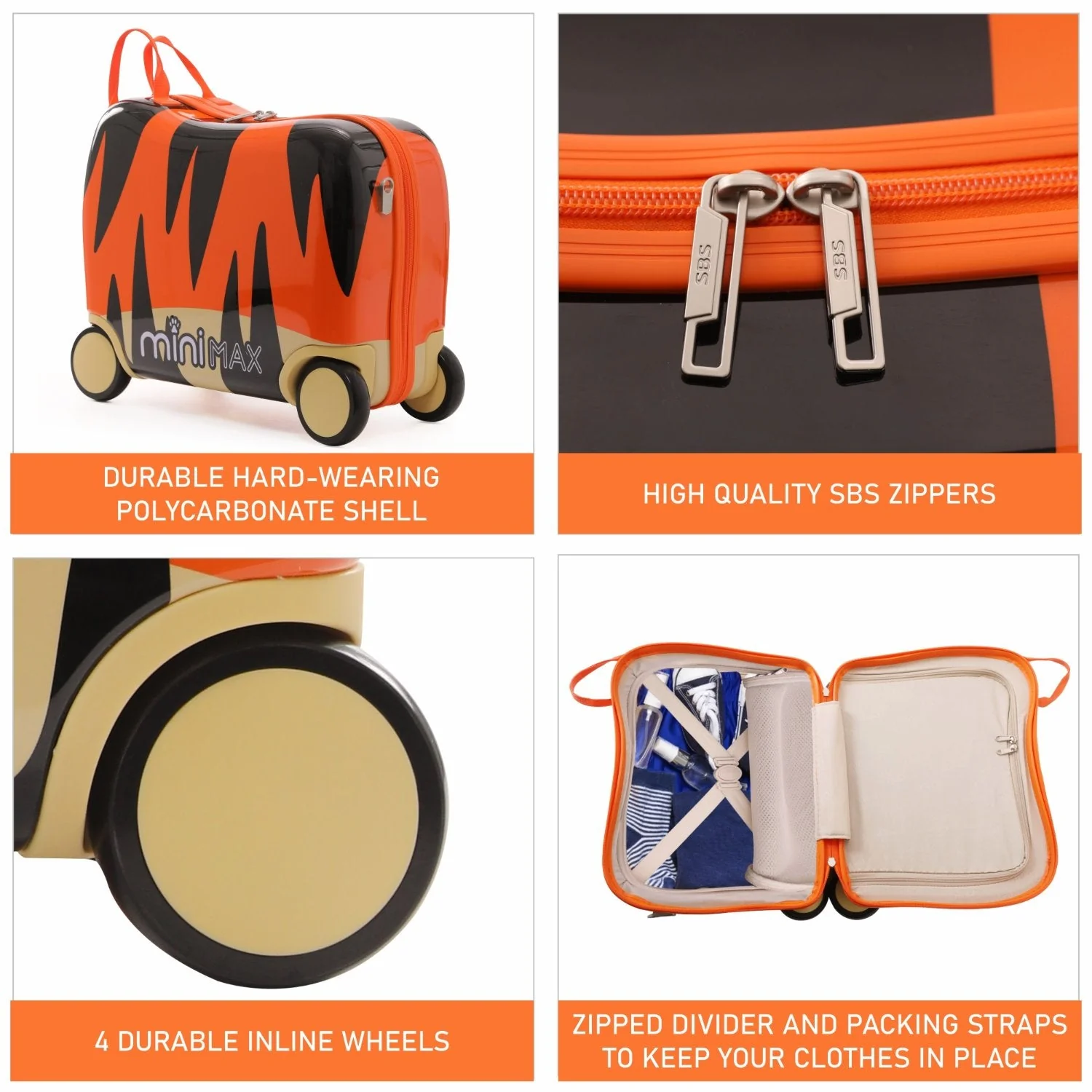 MiniMax 45x36x20cm 29L Kids Ride-On Suitcase 4PCS Set Inc Drawstring Bag, Neck Pillow & 50+ Personalisation Stickers, Easyjet Max Size Childrens Rolling Hand Cabin Luggage 45x36x20 (Tiger) - Image 3