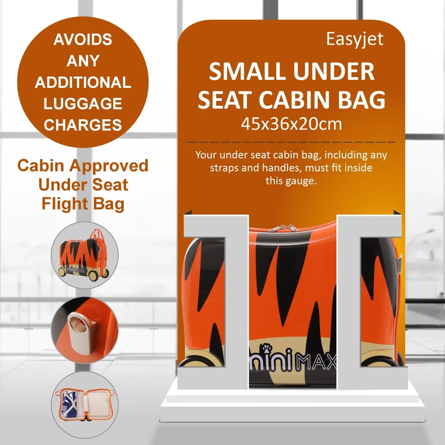 MiniMax 45x36x20cm 29L Kids Ride-On Suitcase 4PCS Set Inc Drawstring Bag, Neck Pillow & 50+ Personalisation Stickers, Easyjet Max Size Childrens Rolling Hand Cabin Luggage 45x36x20 (Tiger) - Image 4