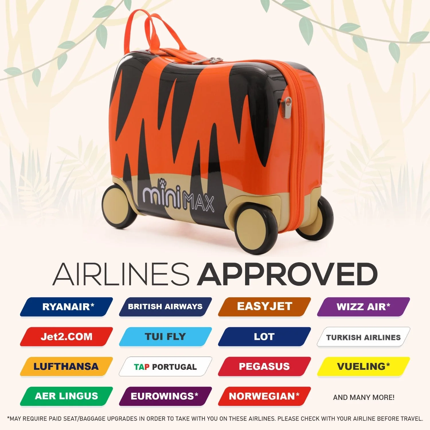 MiniMax 45x36x20cm 29L Kids Ride-On Suitcase 4PCS Set Inc Drawstring Bag, Neck Pillow & 50+ Personalisation Stickers, Easyjet Max Size Childrens Rolling Hand Cabin Luggage 45x36x20 (Tiger) - Image 5