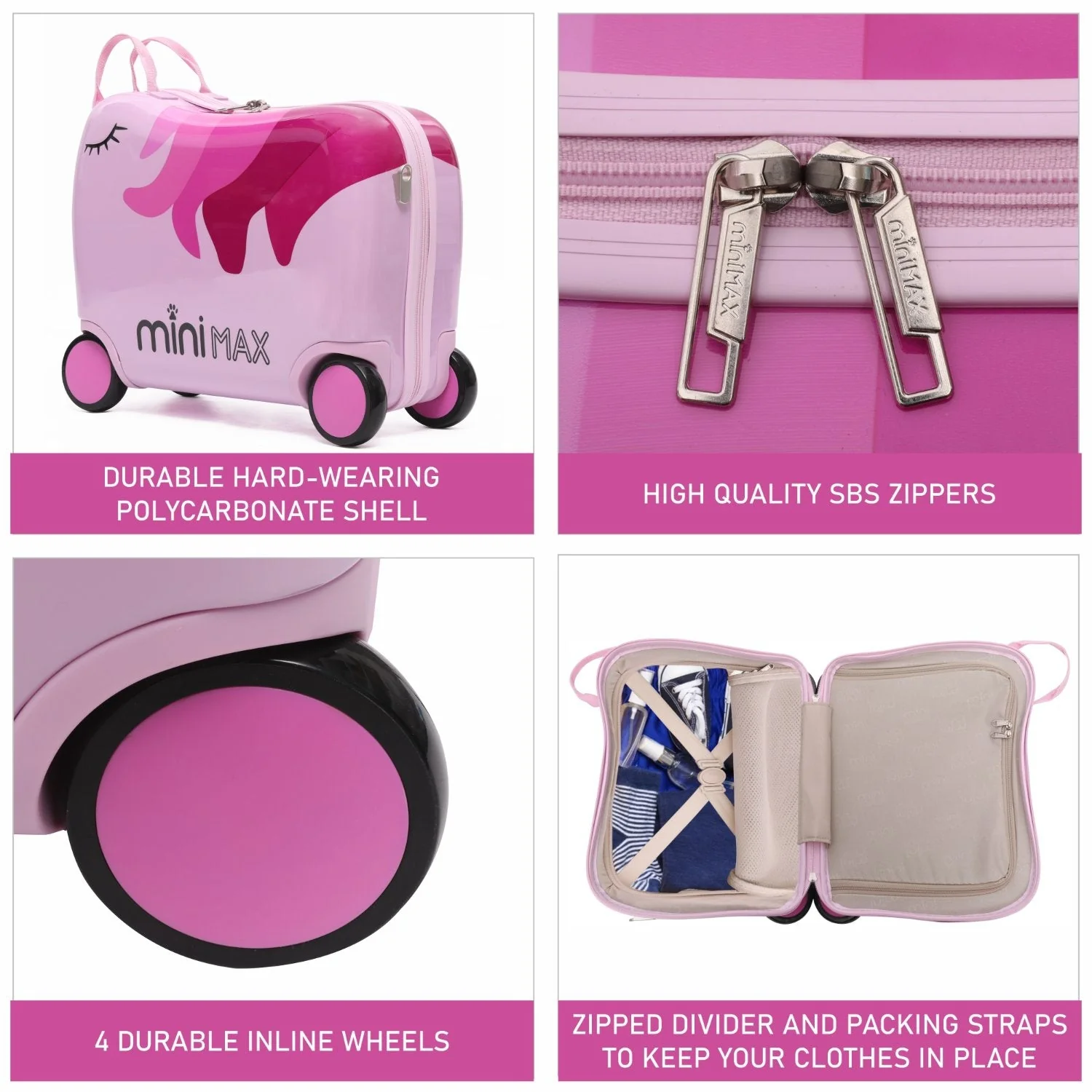 MiniMax 45x36x20cm 29L Kids Ride-On Suitcase 4PCS Set Inc Drawstring Bag, Neck Pillow & 50+ Personalisation Stickers, Easyjet Max Size Childrens Rolling Hand Cabin Luggage 45x36x20 (Unicorn) - Image 3