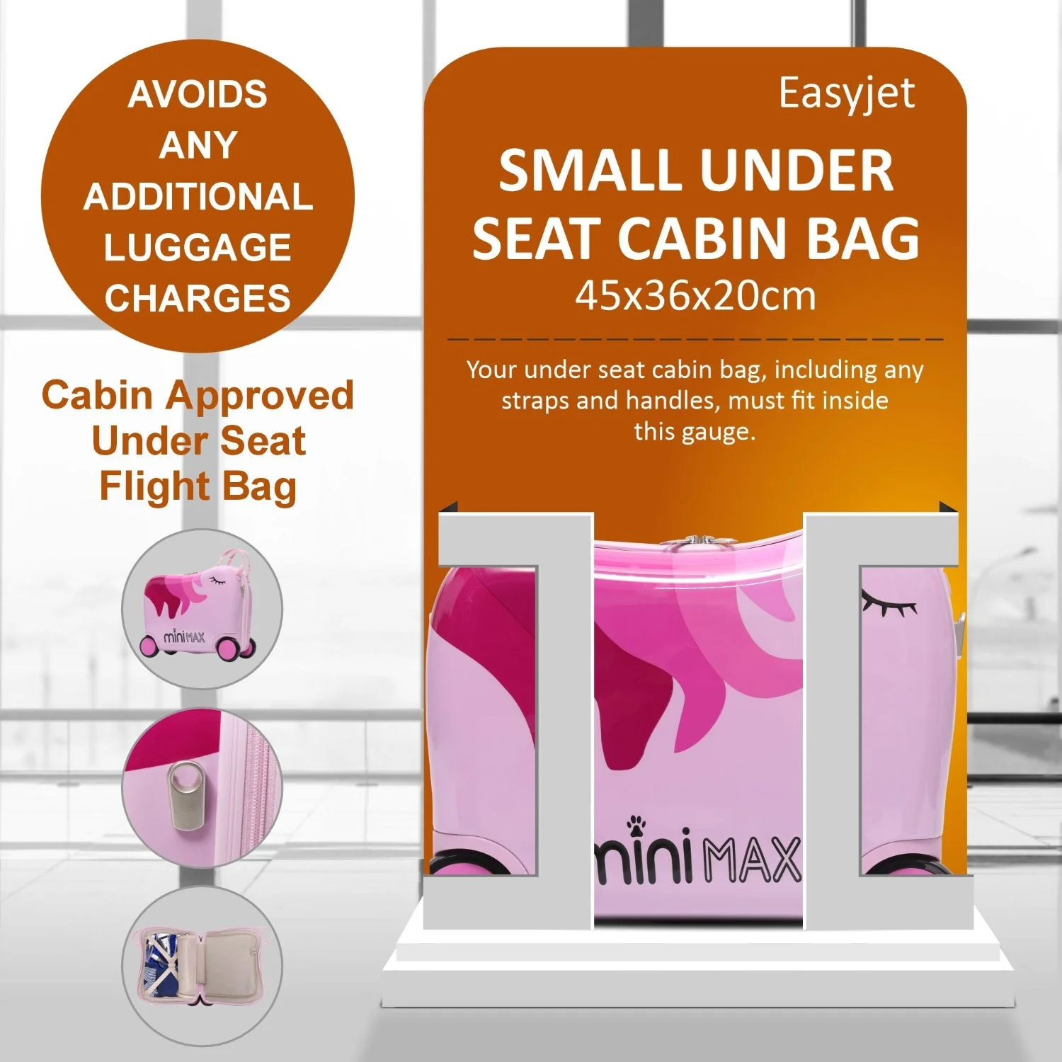 MiniMax 45x36x20cm 29L Kids Ride-On Suitcase 4PCS Set Inc Drawstring Bag, Neck Pillow & 50+ Personalisation Stickers, Easyjet Max Size Childrens Rolling Hand Cabin Luggage 45x36x20 (Unicorn) - Image 4