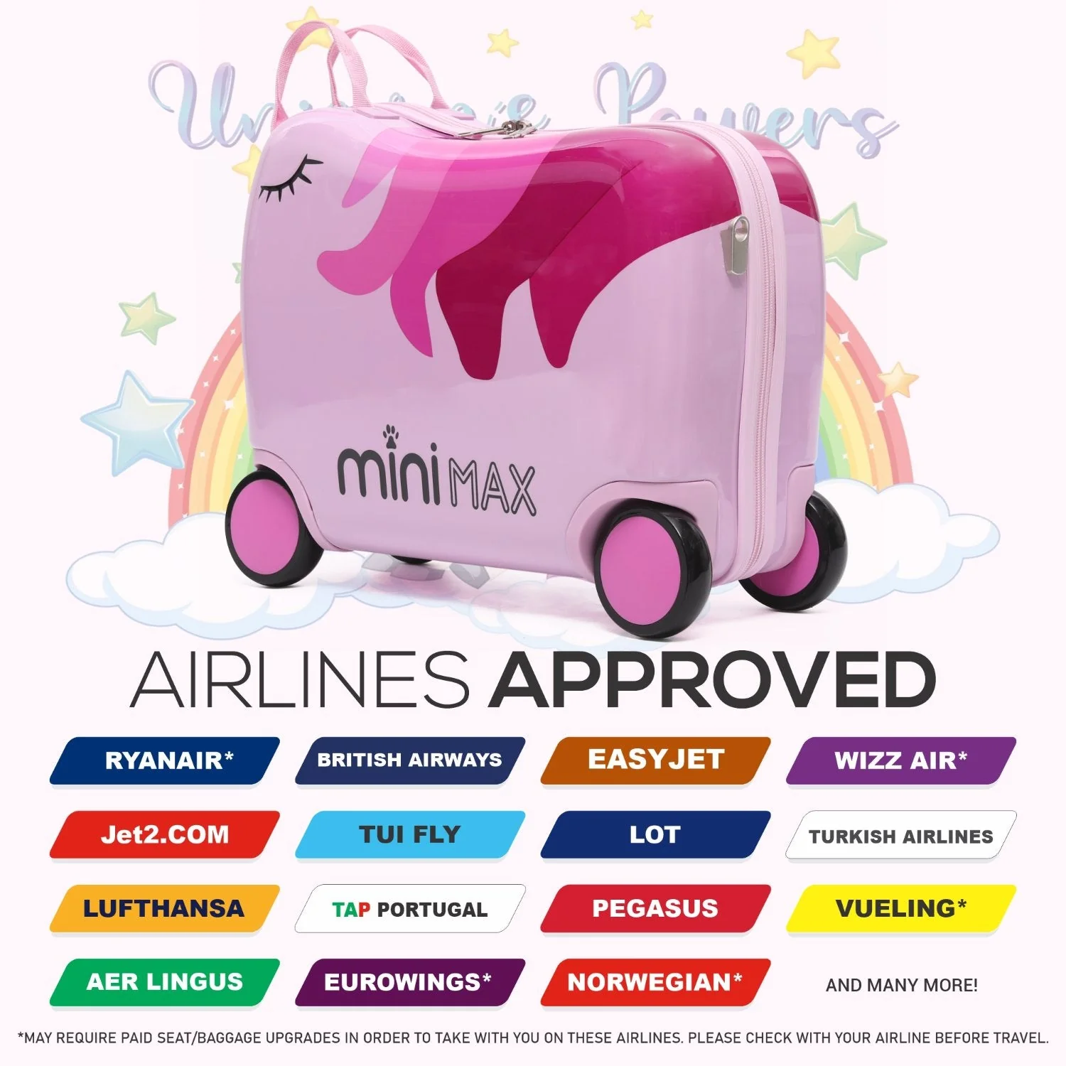 MiniMax 45x36x20cm 29L Kids Ride-On Suitcase 4PCS Set Inc Drawstring Bag, Neck Pillow & 50+ Personalisation Stickers, Easyjet Max Size Childrens Rolling Hand Cabin Luggage 45x36x20 (Unicorn) - Image 5