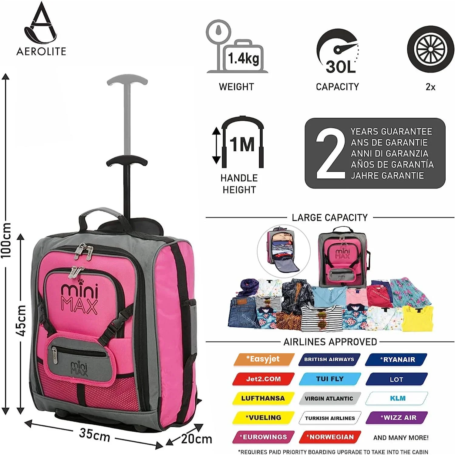 Aerolite MiniMAX (45x36x20cm) Easyjet Maximum Cabin Trolley/Carry On Suitcase with Backpack and Pouch, Pack The Max, 2 Years Warranty - Image 13