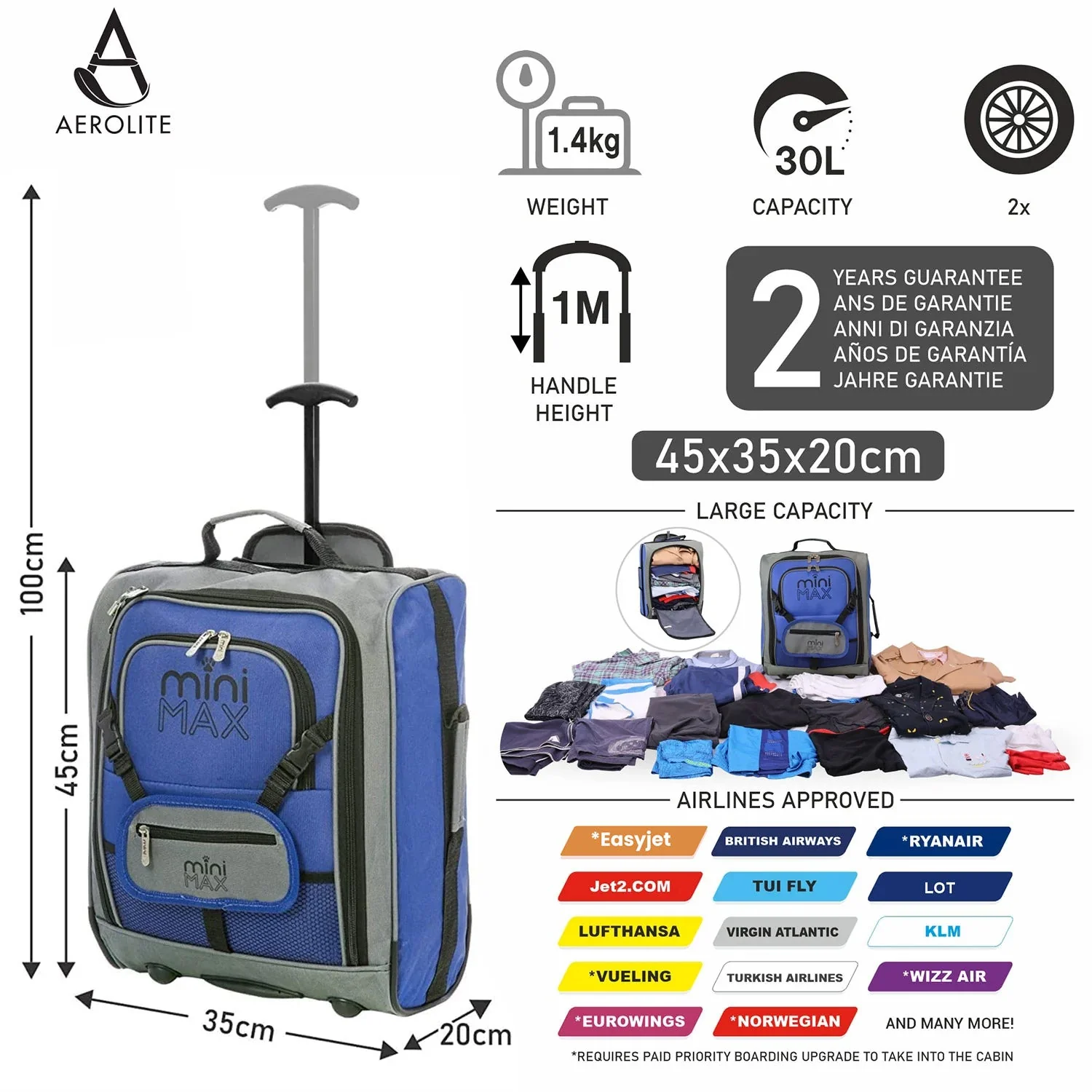 Aerolite MiniMAX (45x36x20cm) Easyjet Maximum Cabin Trolley/Carry On Suitcase with Backpack and Pouch, Pack The Max, 2 Years Warranty - Image 26