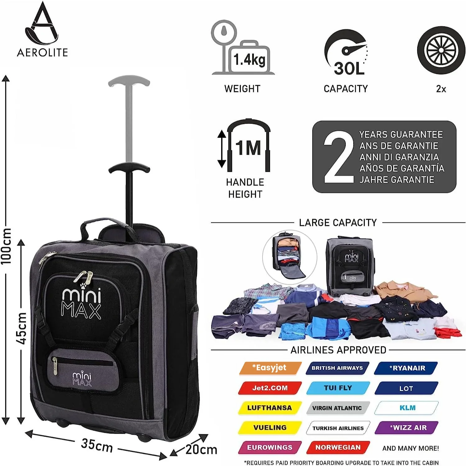 Aerolite MiniMAX (45x36x20cm) Easyjet Maximum Cabin Trolley/Carry On Suitcase with Backpack and Pouch, Pack The Max, 2 Years Warranty - Image 3