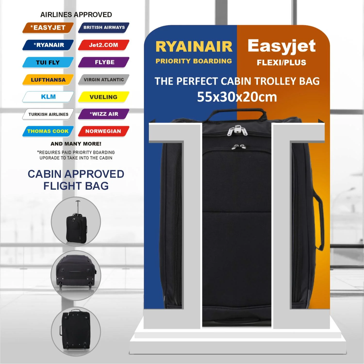 5 Cities Ryanair Luggage Bundle (55x35x20cm) Lightweight Cabin 2 Wheel Trolley and (40x20x25cm) Holdall Flight Bag, 2 Years Warranty - Image 15