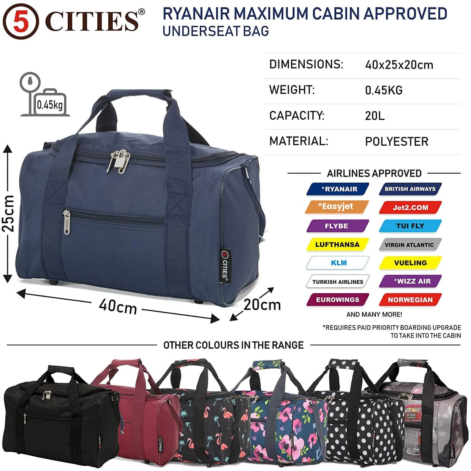 5 Cities Ryanair Luggage Bundle (55x35x20cm) Lightweight Cabin 2 Wheel Trolley and (40x20x25cm) Holdall Flight Bag, 2 Years Warranty - Image 18